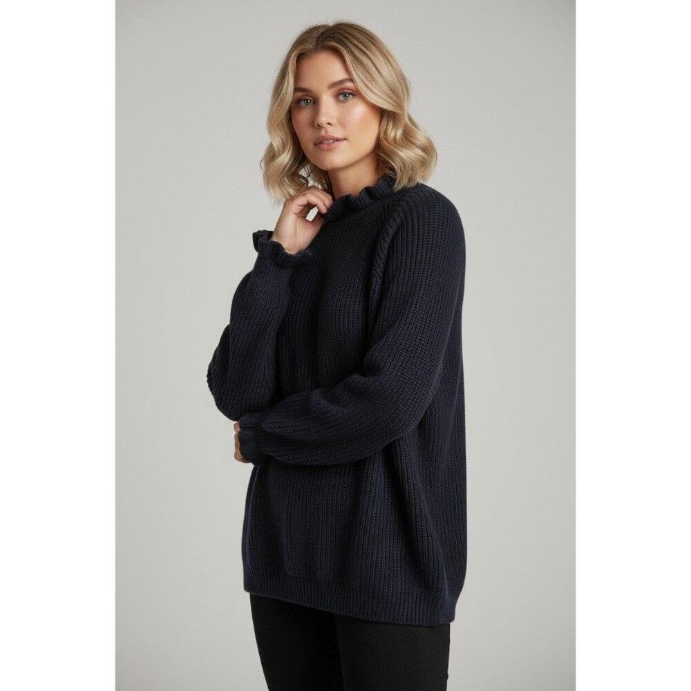 CeCe Black Ruffle-Trim Knit Sweater Womens Large Cotton Long Sleeve